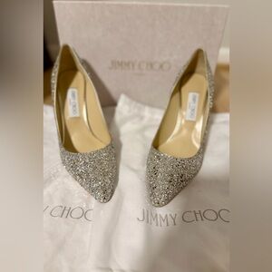 Jimmy Choo Romy 100 Silver Glitter Pumps Heels NWT Box Dust Bags